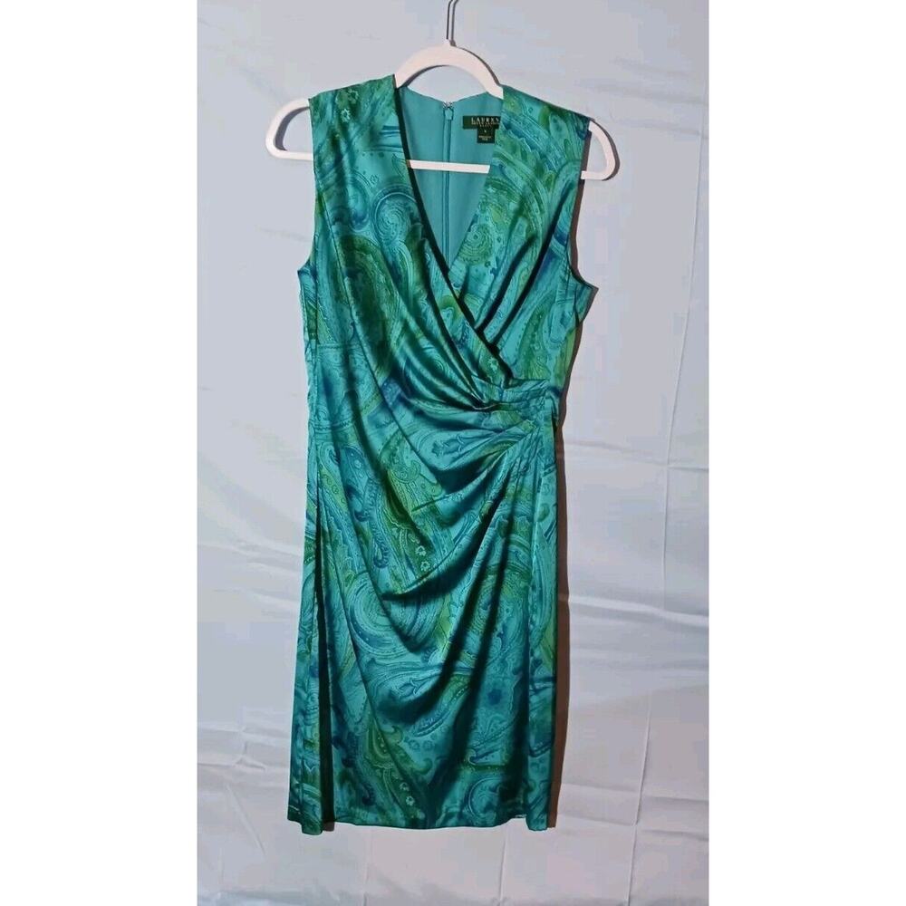 Lauren Ralph Lauren Midi Dress Size 8 Blue Green Paisley Sleeveless Faux Wrap